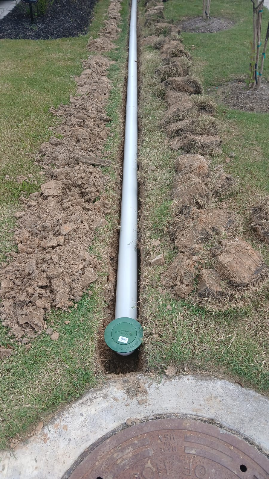 PVC pipe and pop-up drain emitter being installed in a Houston TX yard